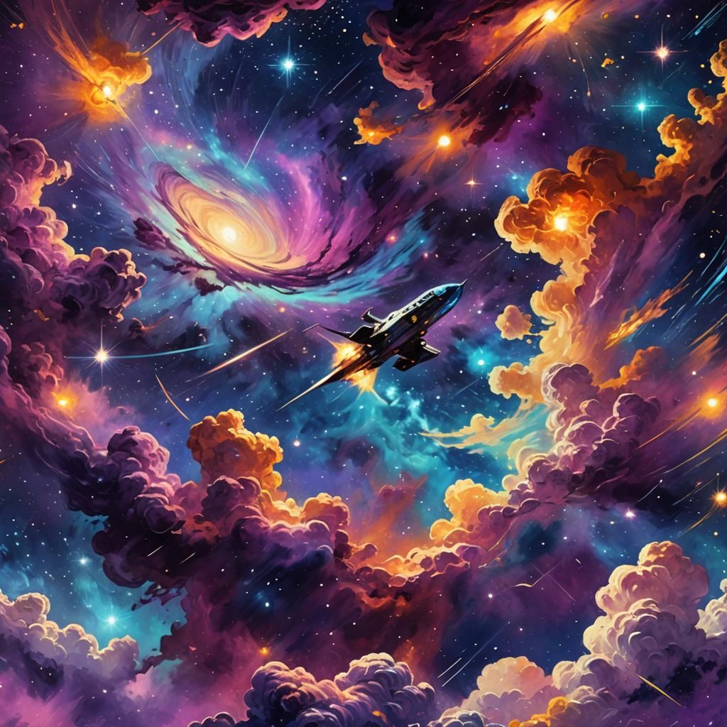 Futuristic Starry Night Spaceship Nebula, Expressionist Digi...