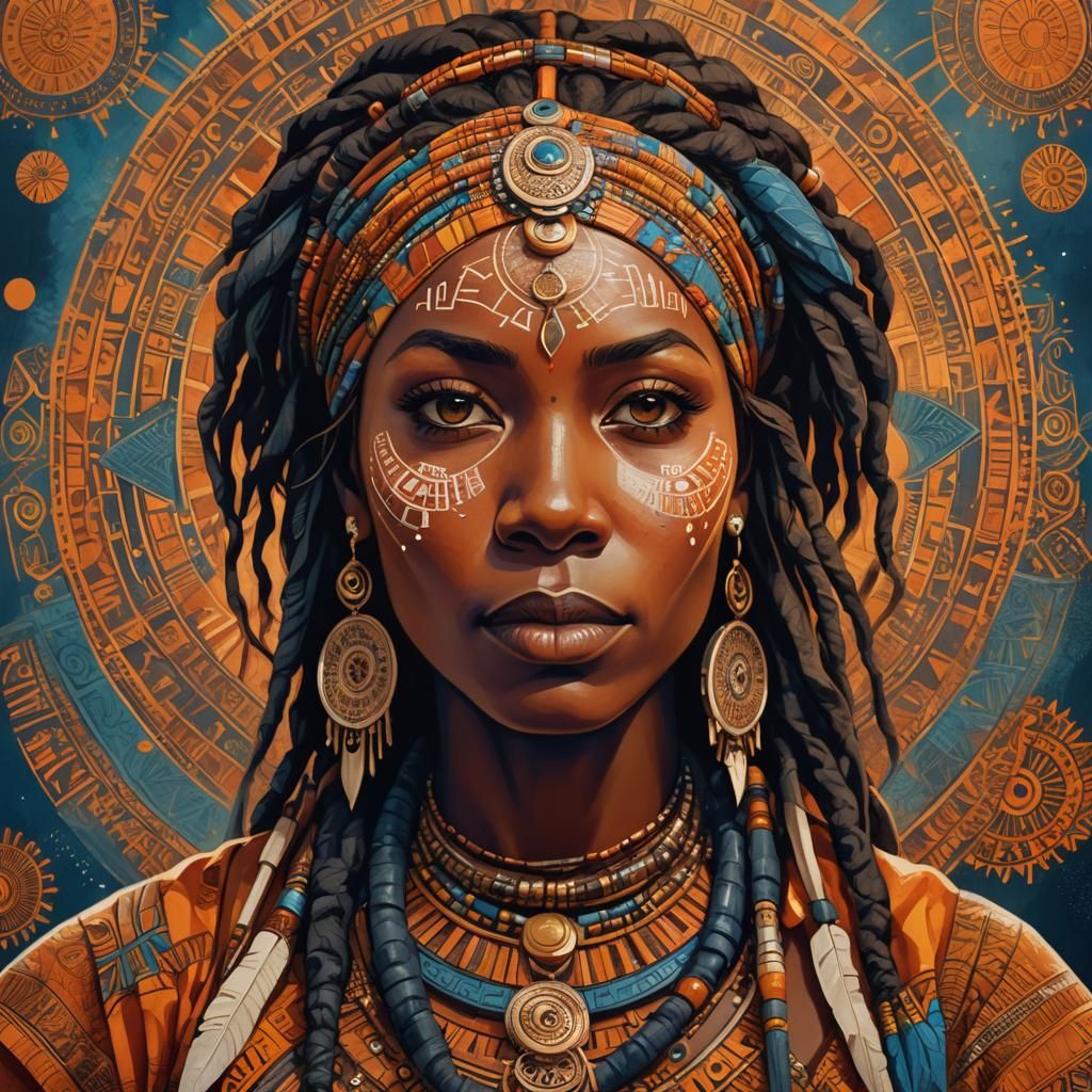African Woman Portrait in Vibrant Ancestral Art