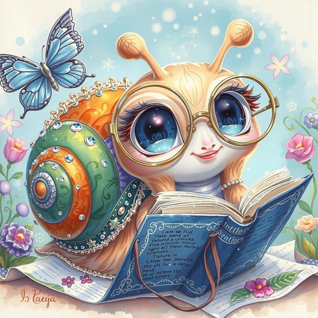 Whimsical Snail Reading Book in Watercolor Style