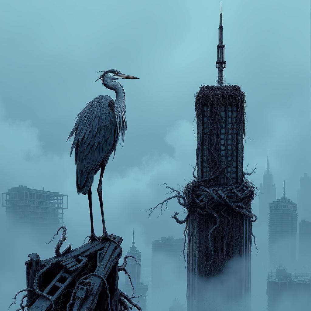 Heron in Post-Apocalyptic Cityscape in Junji Ito Style
