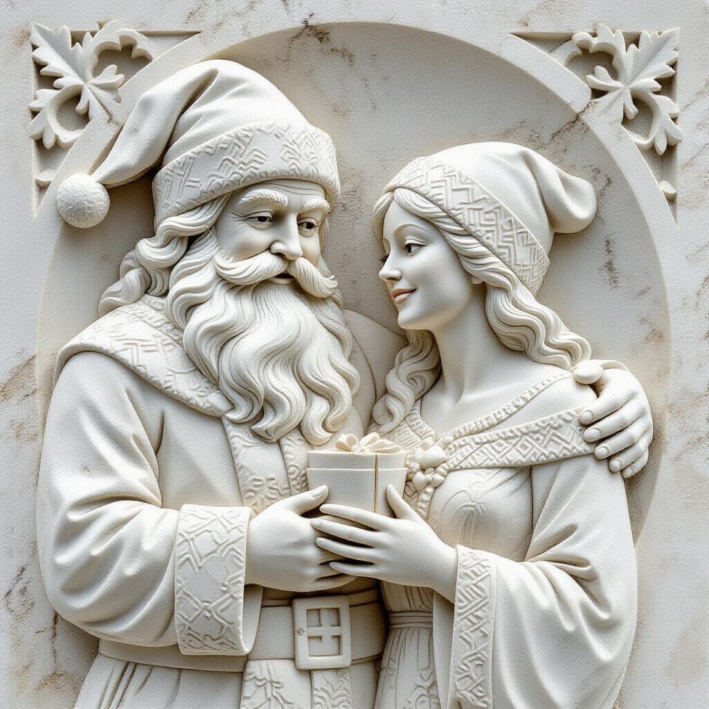 Stone Carved Father Christmas and Wife in Bas Relief