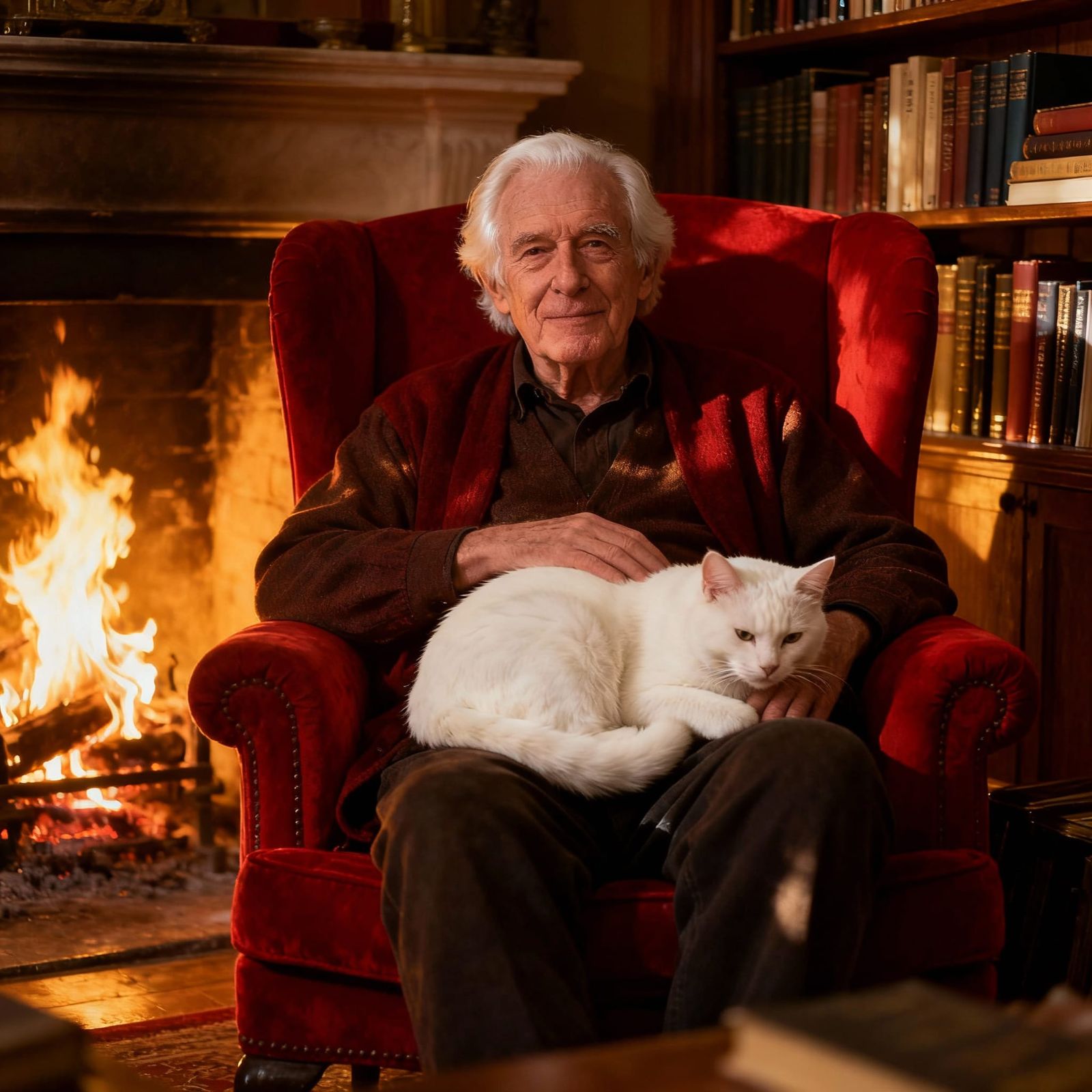Cozy Scene: Old Man, Cat, and Fireplace in Cinematic Style