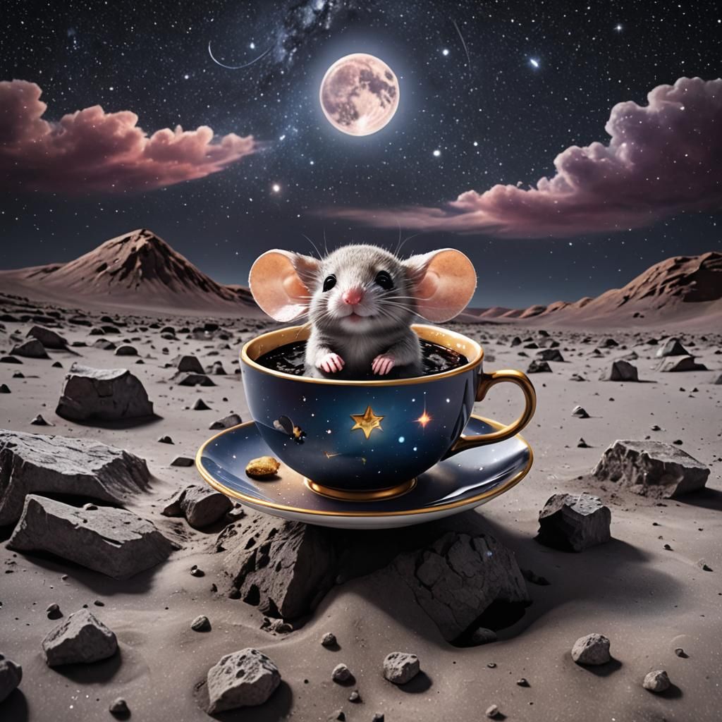 Hyperrealistic Chibi Mouse in Teacup on Moon