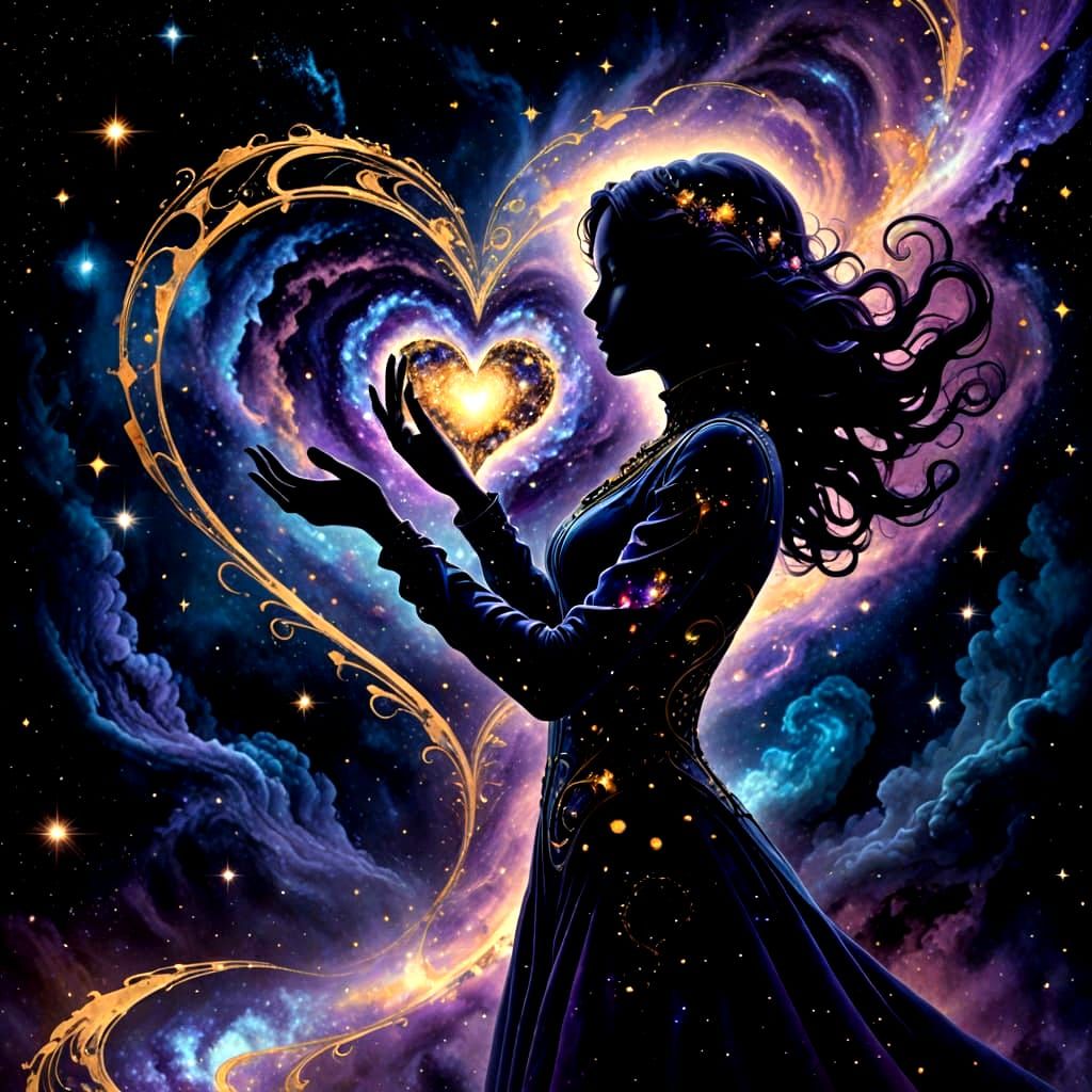 Cosmic Woman Silhouette Reaches for Mechanical Heart