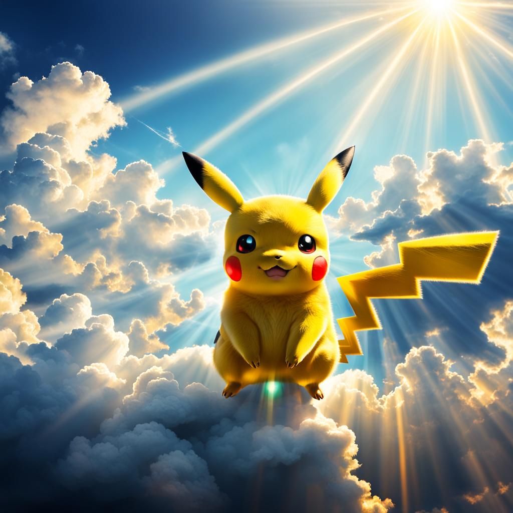 Pikachu in Divine Sunshine Among Clouds