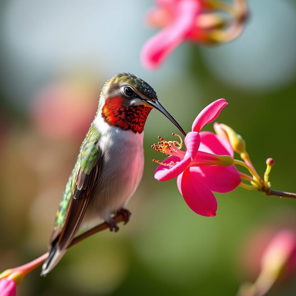 Fiery-throated hummingbird sipping nectar from Cuphea blosso...
