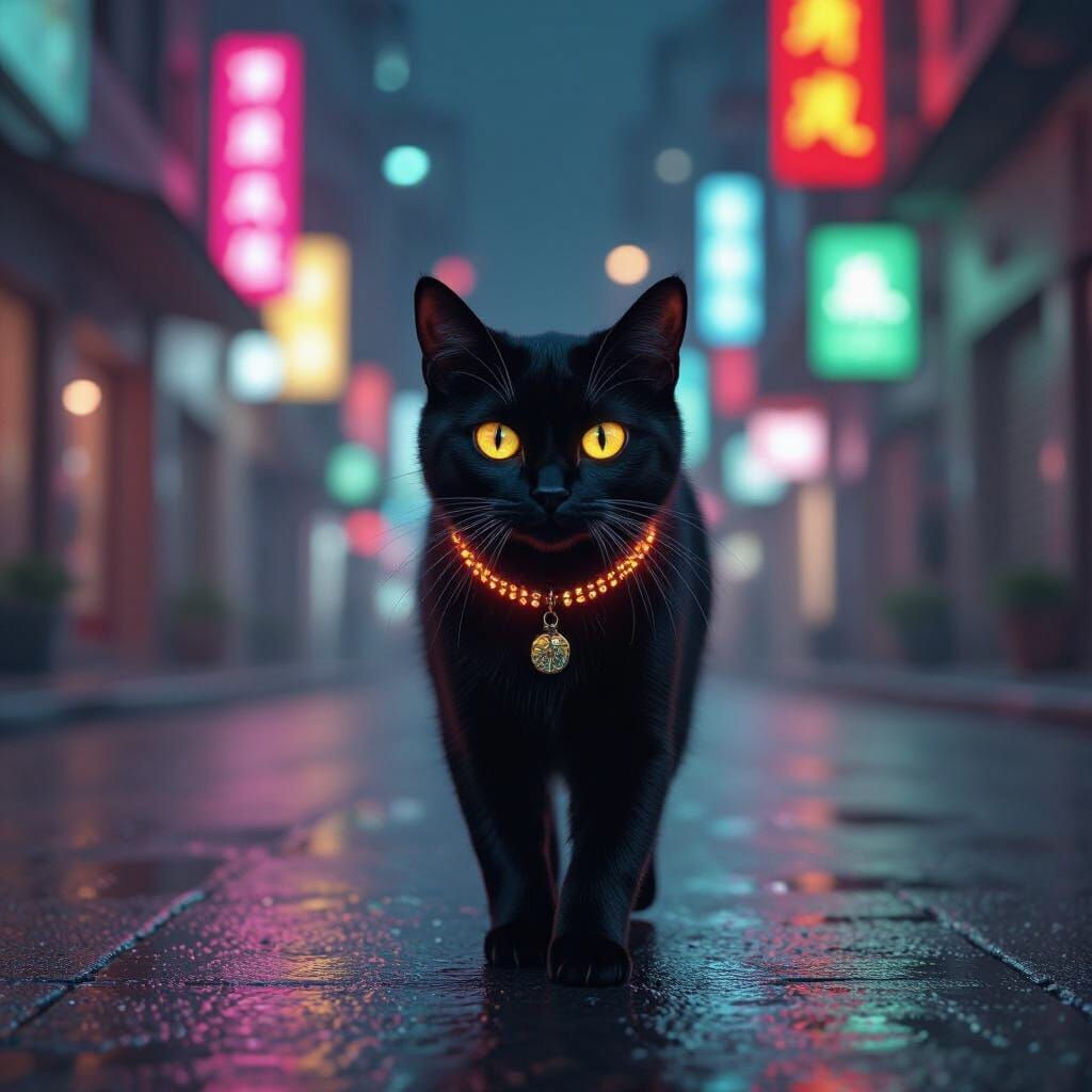 Black Cat in Neon Cityscape, Hyperrealistic 8K