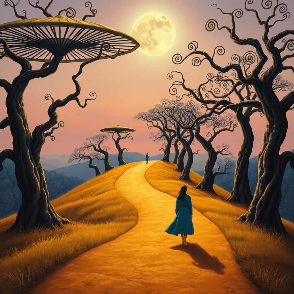 Surreal Twilight Figure Embarks on a Dreamlike Journey