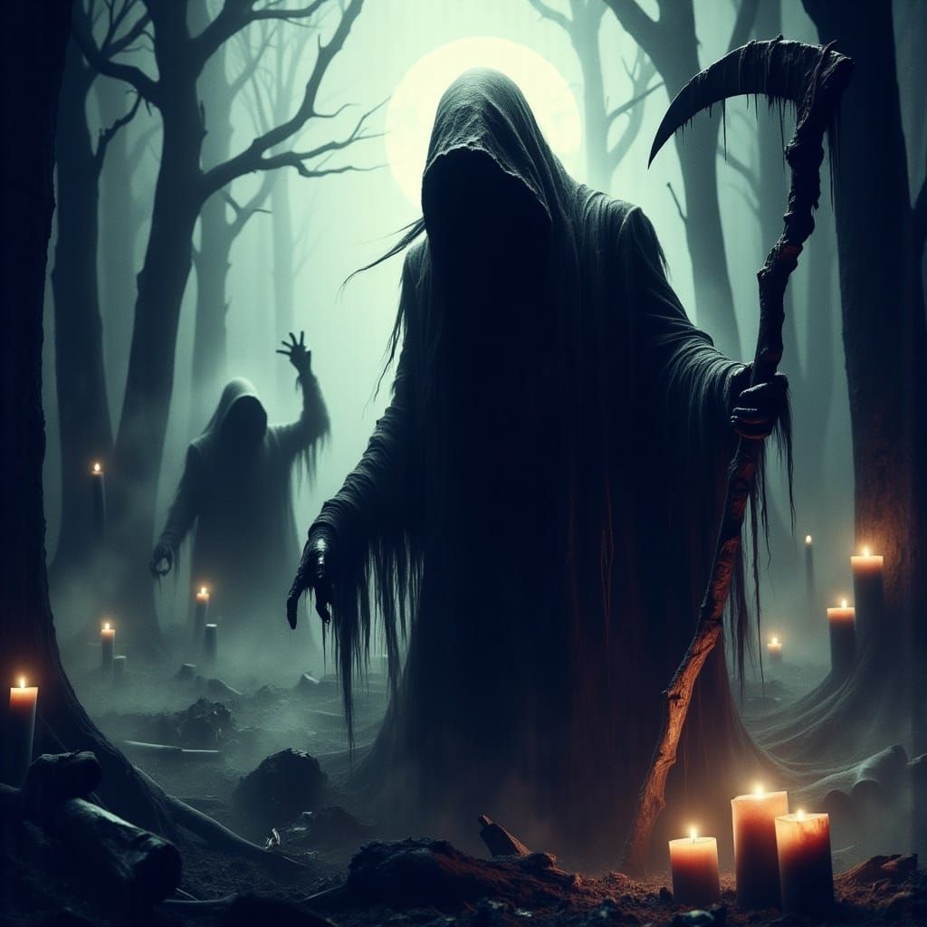 Grim Reaper Guiding Souls: Dark Surreal Afterlife Scene