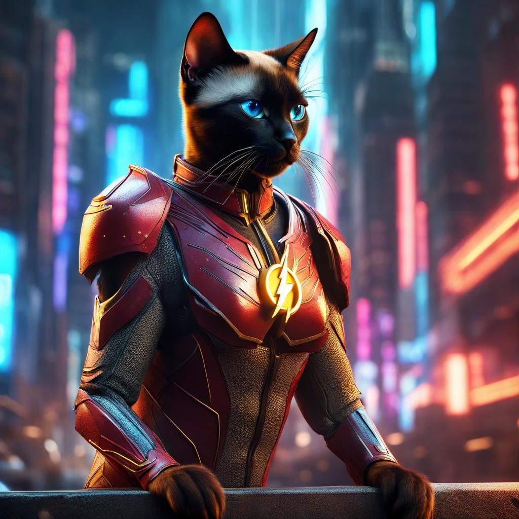 Siamese Cat as Flash in Cyberpunk Armor