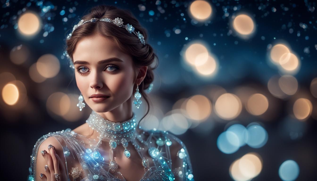 Glass Dress Portrait with Bokeh Night Sky