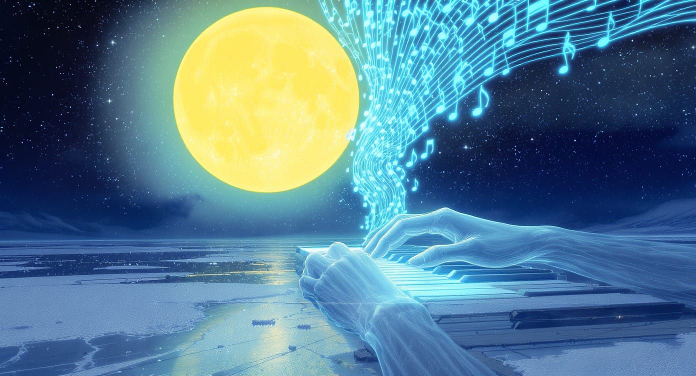 Ghostly Hands Play Piano on Frozen Lake Under Yellow Moon