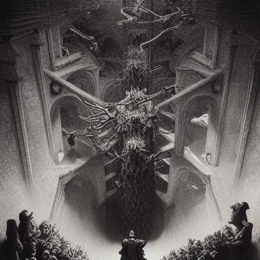 Impossible Architecture in a Horror Engraving Style