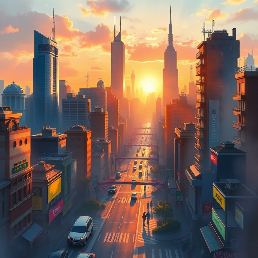 Vibrant Cityscape Dawn in Watercolor Style