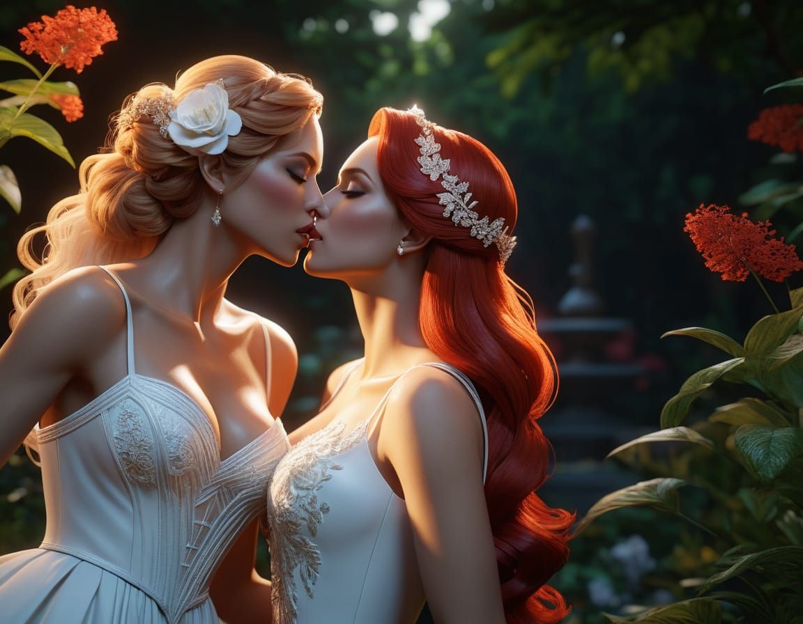 Beautiful Lesbian Wedding Kiss in Garden, Hyperdetailed Art