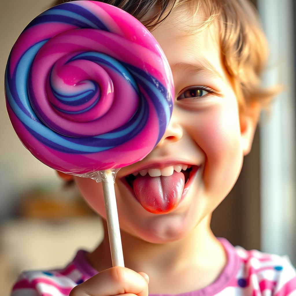 Joyful Child Licks Vibrant Lollypop in Whimsical Light