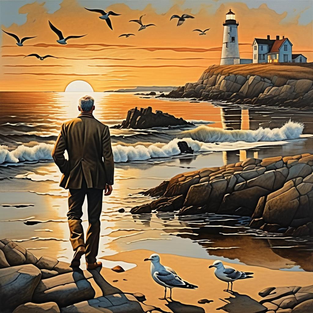 Man with Lighthouse Tattoo on Rocky Beach at Sunset