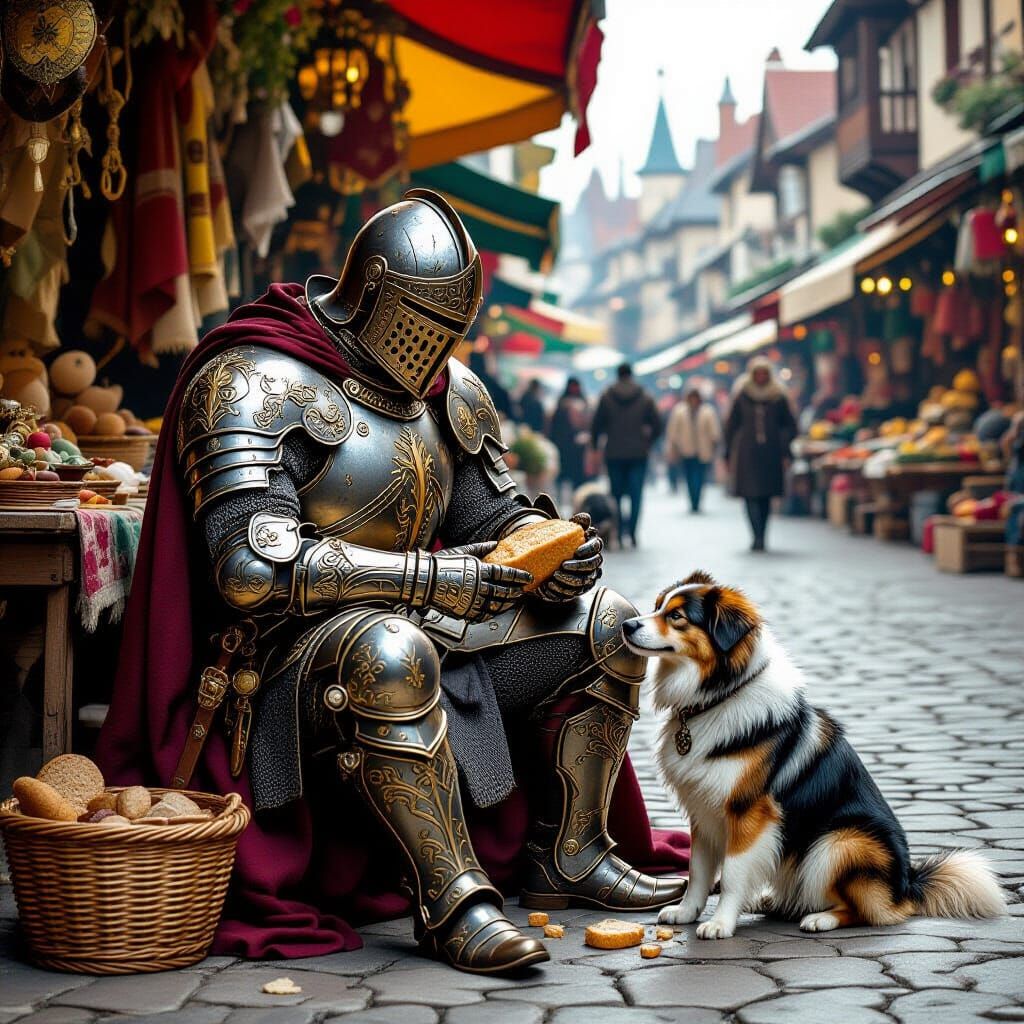 Knight Shares Bread with Stray Dog in Medieval Market