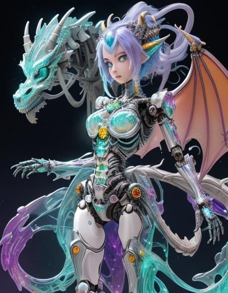 Rainbow Dragon Girl with Robot Skeleton in Manga Style