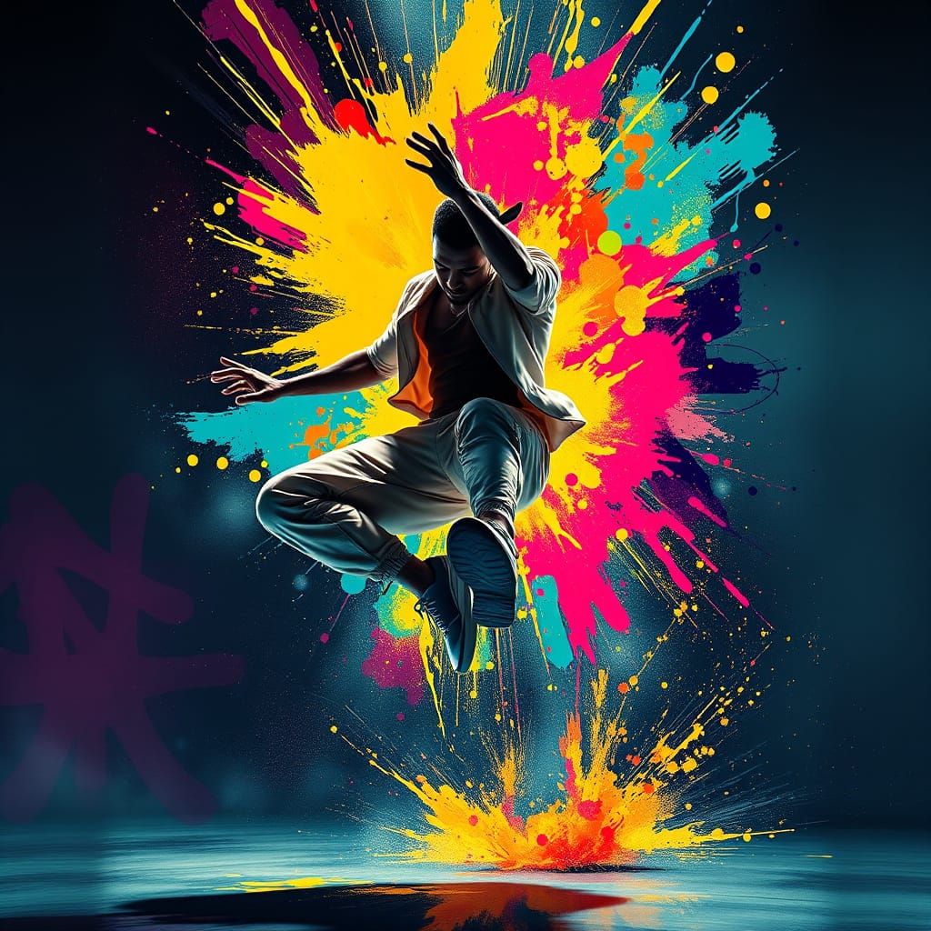 Dynamic Hip Hop Dancer in Vibrant Graffiti-Inspired Mid-Air ...