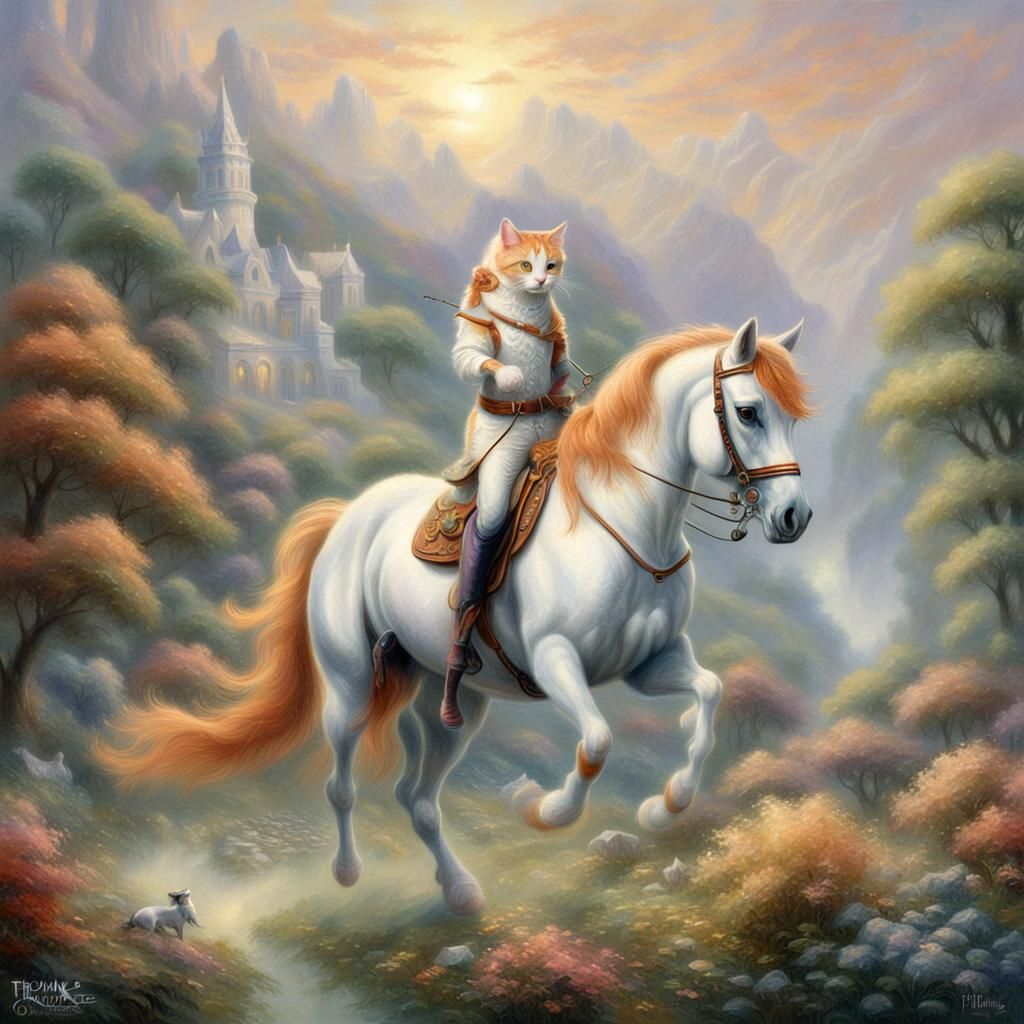 Ginger Cat on White Horse in Fantasy Style