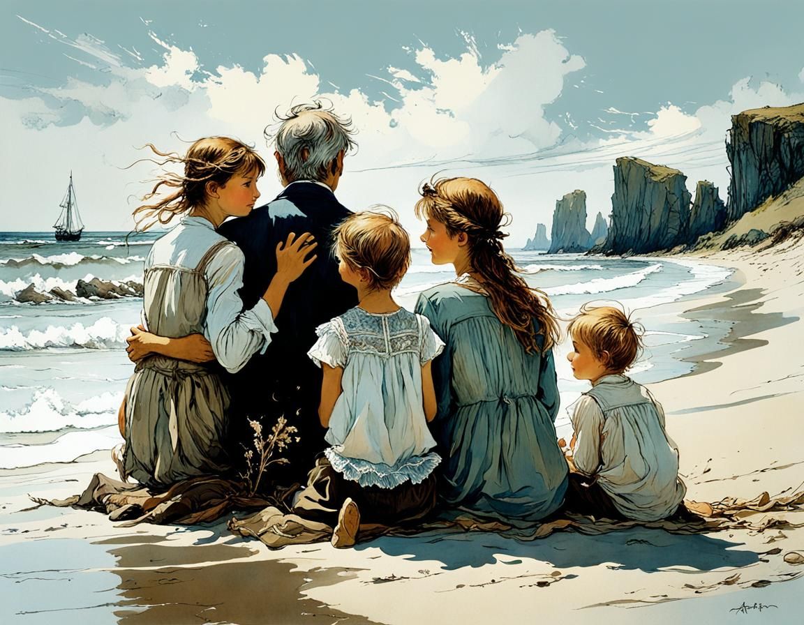 Sunny Beach Scene with Happy Family and Vacationers