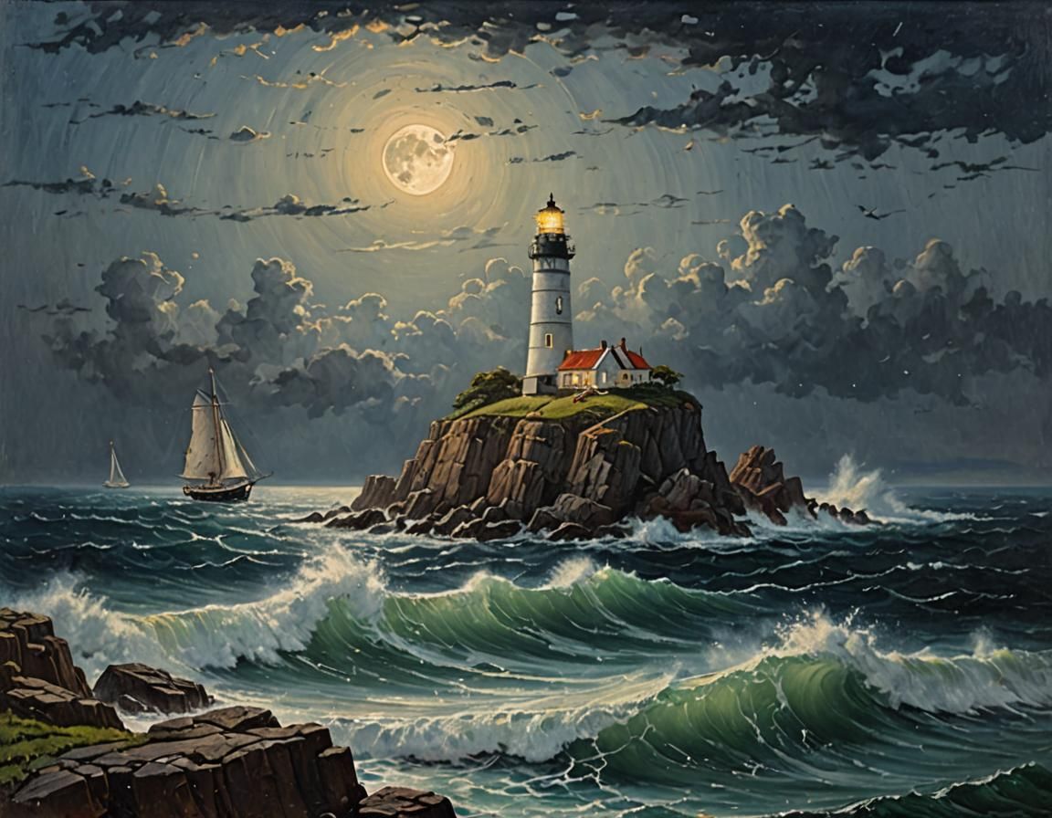 Moonlit Lighthouse Oil Painting on Rocky Island