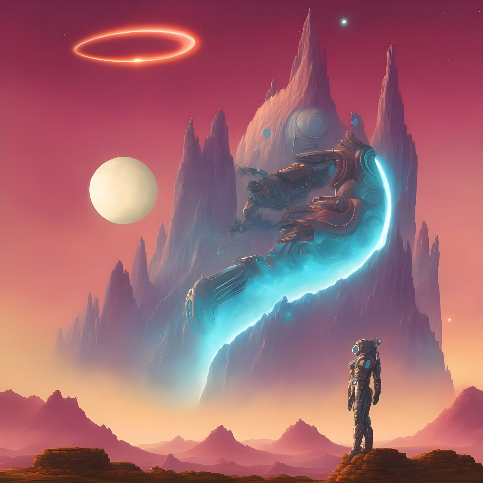 Surreal Sci-Fi Landscape in Retro Synth-Wave Style