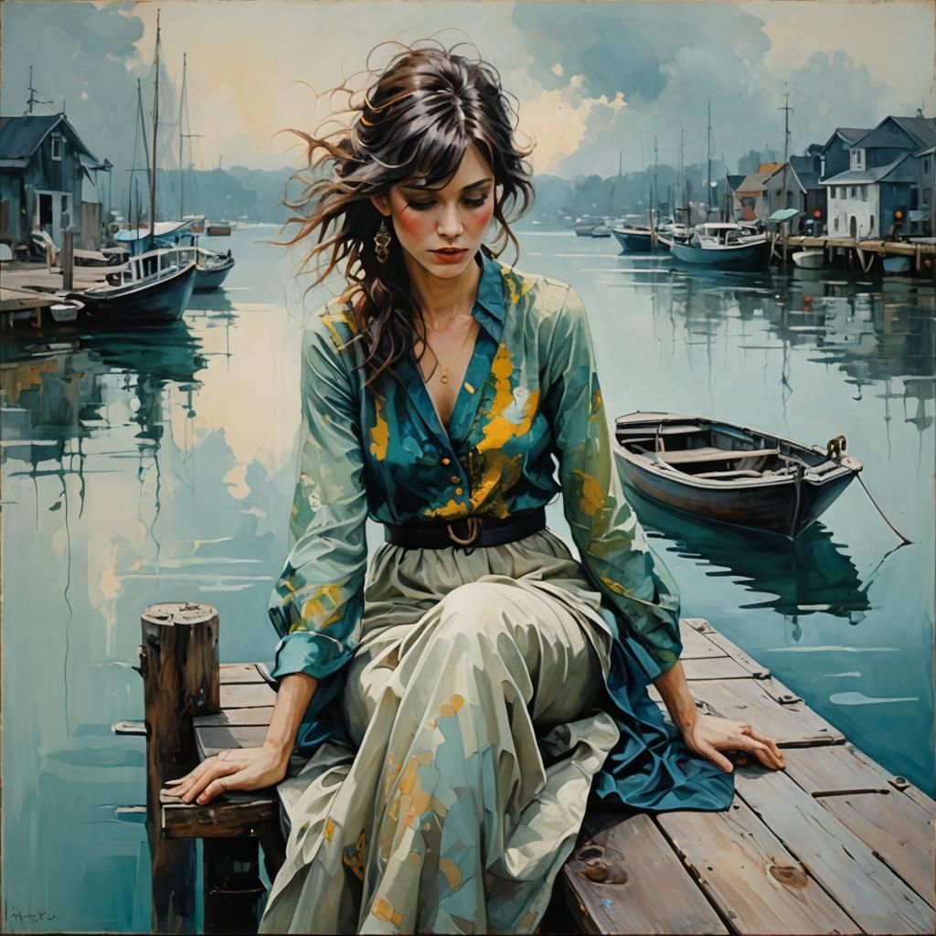 Woman on Dock: Abstract Art in Complementary Colors