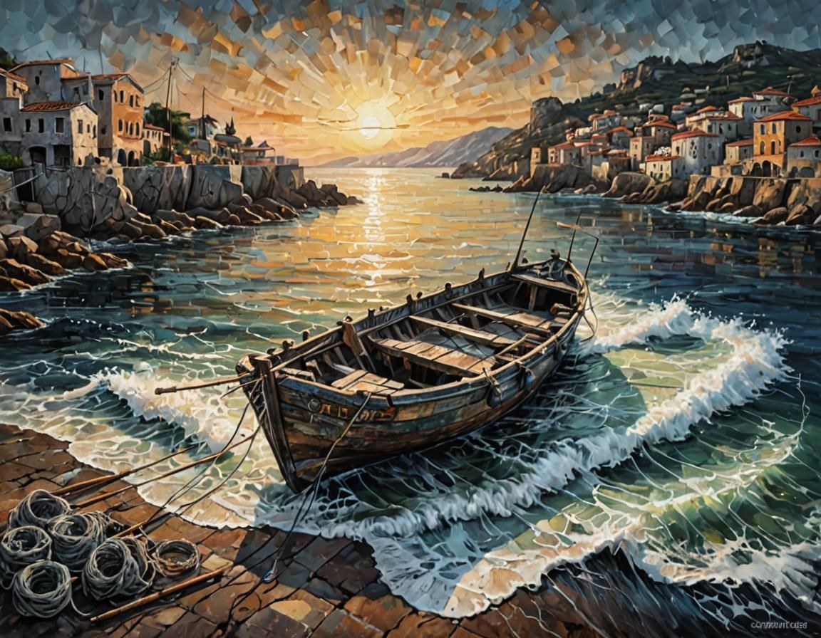 Fishing Boat at Sunrise: Acrylic Painting