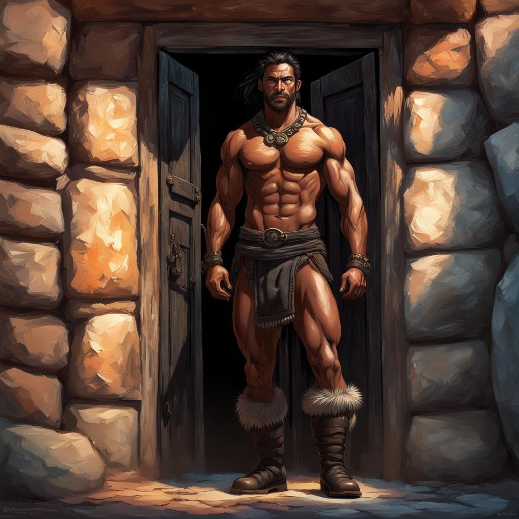 Hyperrealistic Black Warrior in Stone Doorway