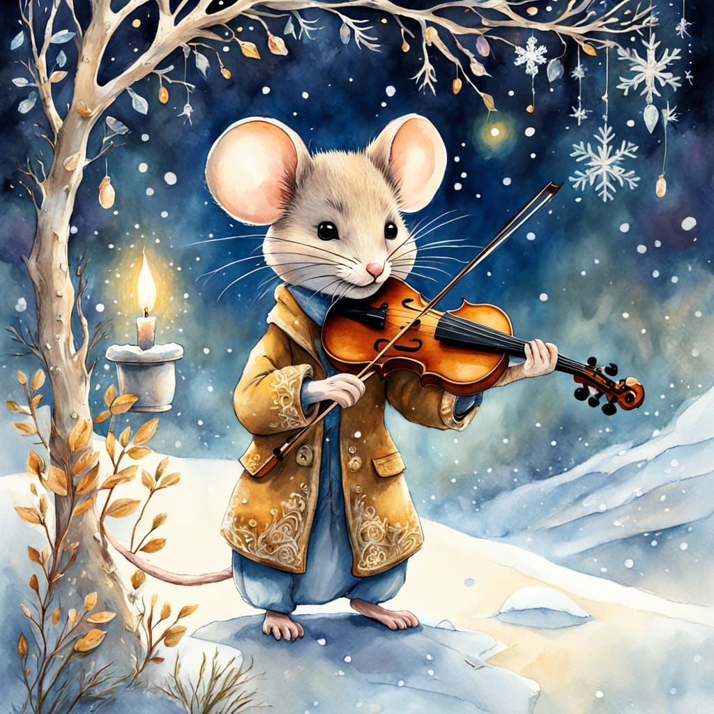 Mouse's Winter Violin Serenade: Fairytale Watercolor Art