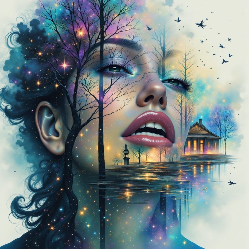 Surreal Double Exposure Portrait of Woman and Cityscape