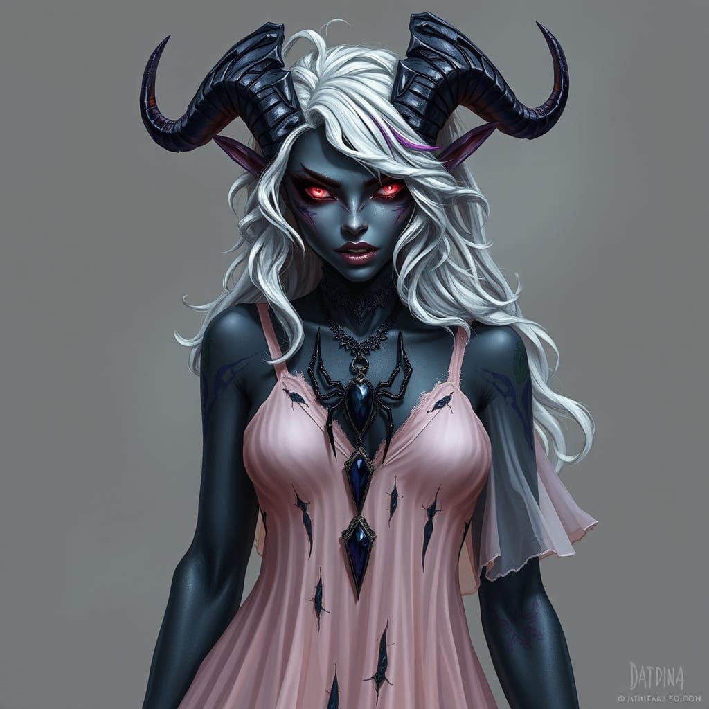A female DROW hybrid race, she is half obsidian dragon, half drow.  she is wearing a very thin translucent blush colored...