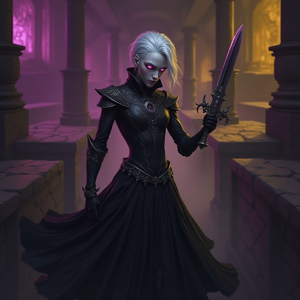 Albino in City Maze with Dagger: Dark Fantasy Art