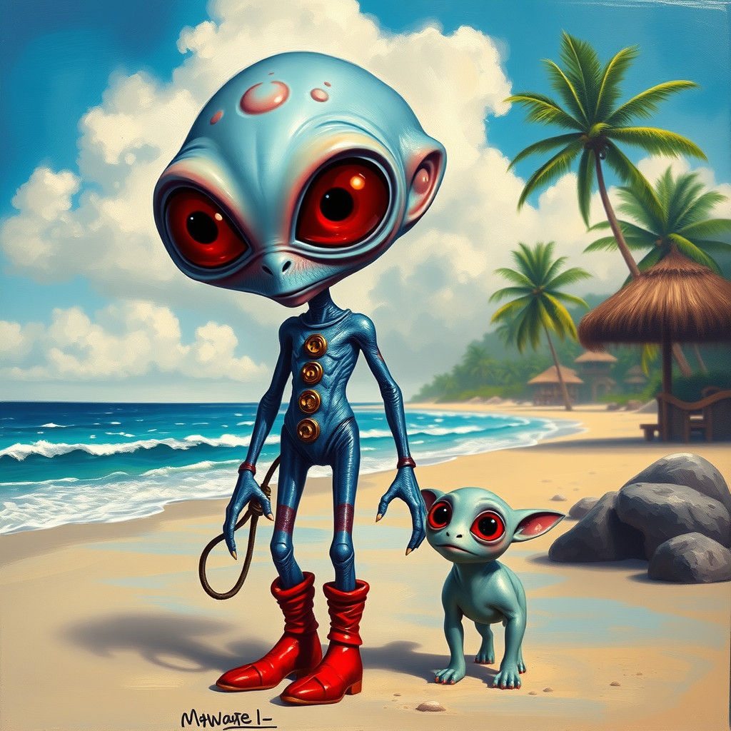 Alien Walking Dog on Beach in Burton Style