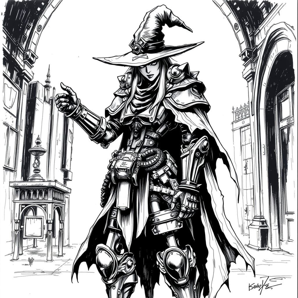 Black and White ink drawing , full body, a goth witch wearing heavy mechwarrior armor a tattered cape and pointy witch h...