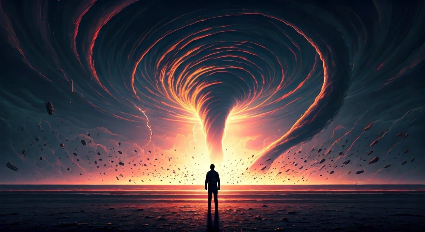 Man Stands Tall Amidst Devastating Cyclone in Beksiński-Insp...