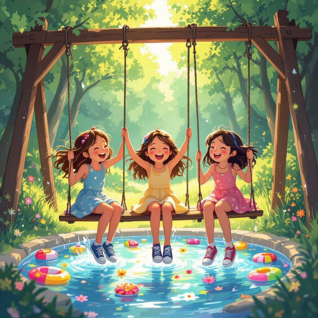 Girls Swing Through Rainbow Portal: Anime Dreamscape