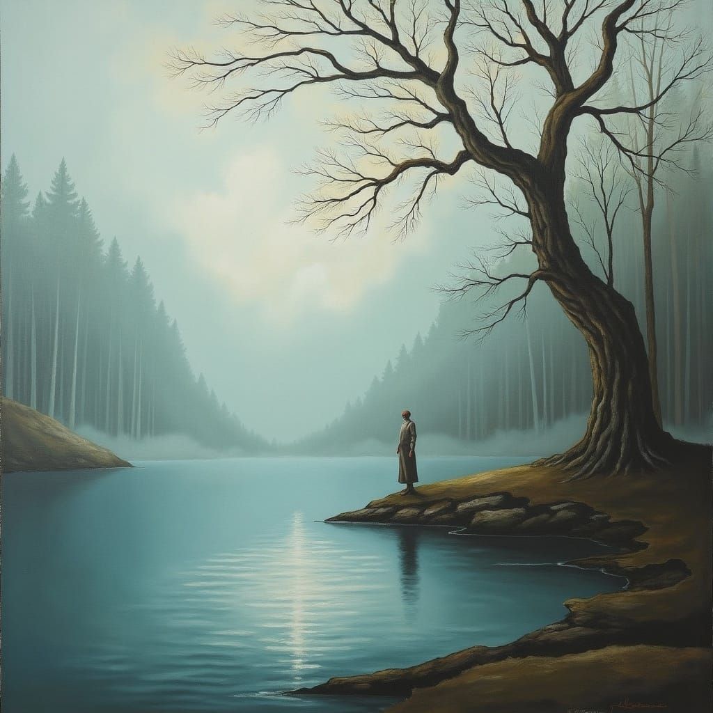 Contemplative Figure by Lake: Dreamlike Surrealist Landscape