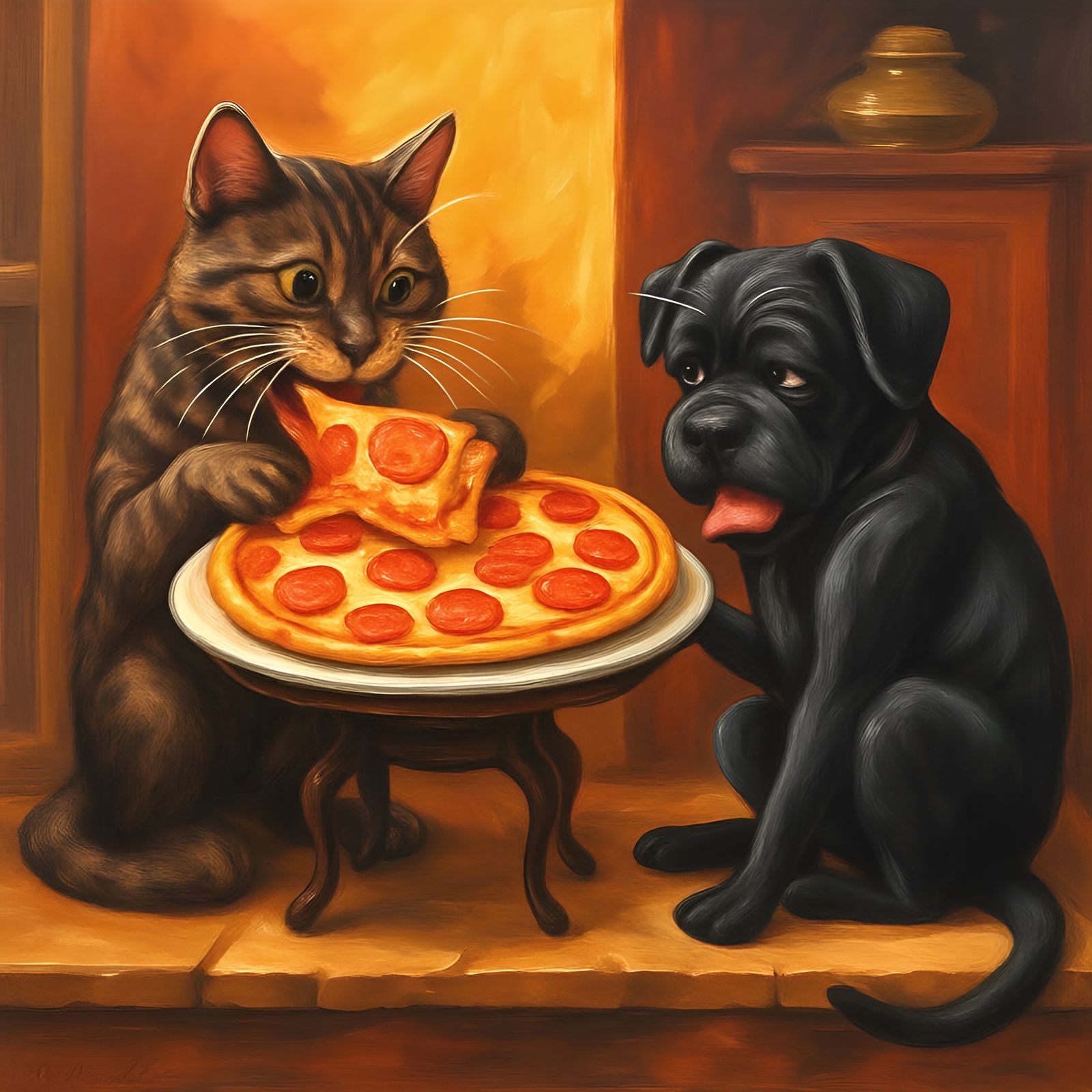 Cat and Dog Fight Over Pizza in Renaissance Style