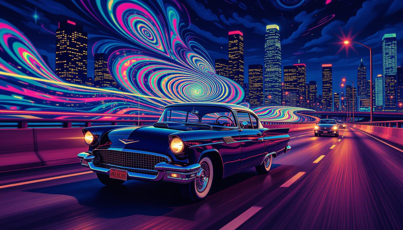 Psychedelic Freeway Driving in Vibrant Digital Art Style