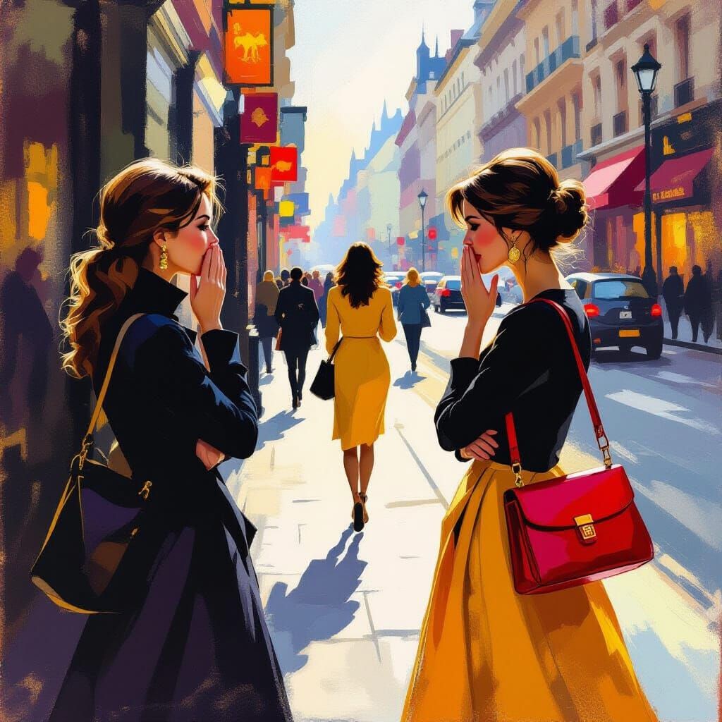 Women Gossiping on a Busy Street in Golden Hour
