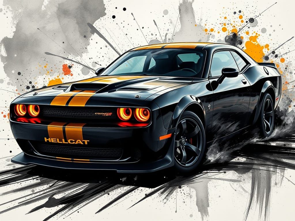 Dodge Challenger Hellcat in Explosive Ink Splash Art