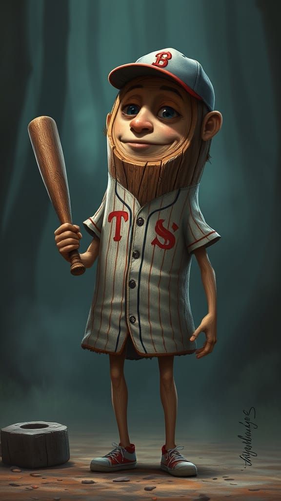 Realistic Log Man Holds Baseball Bat in Moody Lighting