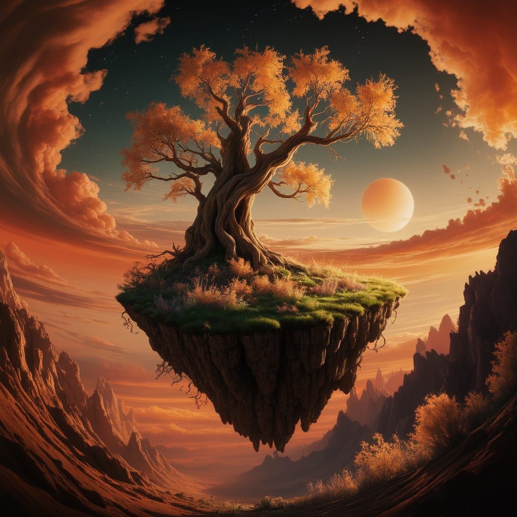 Floating Island with Ancient Tree at Sunset