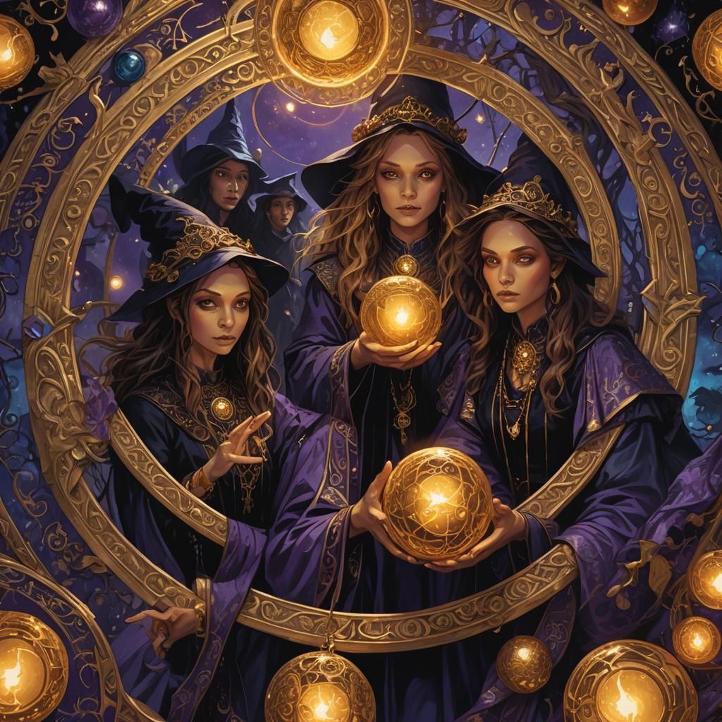 Mystical Coven of Witches Holding Golden Orbs