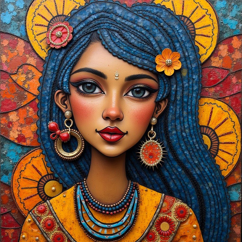 Cultural Mosaic Artwork with Natural Materials and Textures