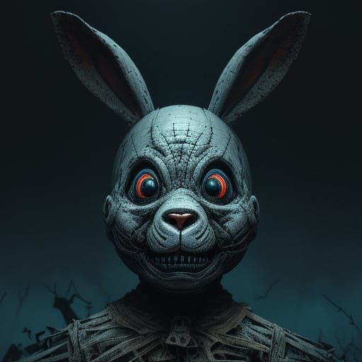 Surreal Horror Animatronic Bunny with Crushed Human Face