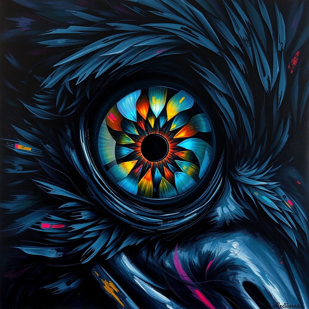 Raven's Eye Reflecting a Kaleidoscope as Oil Painting